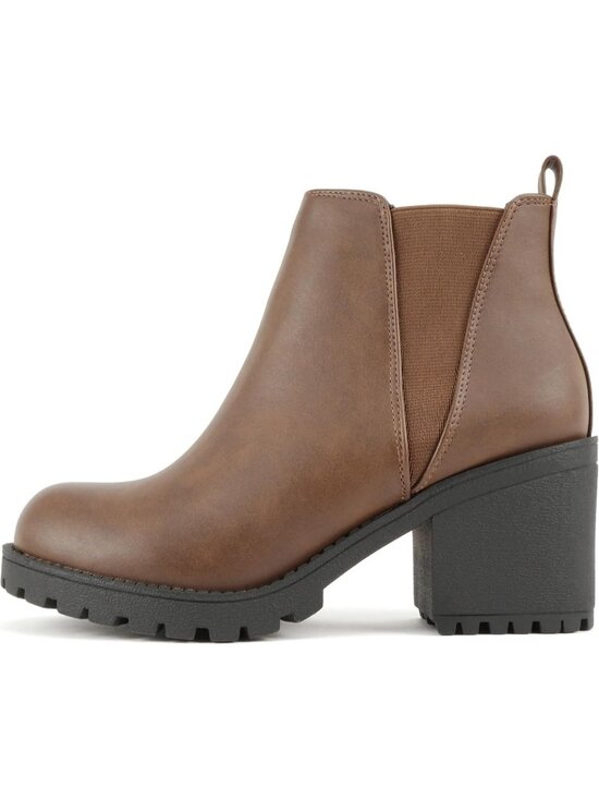 Shoes - Womens Brown Origami Lug Sole Mid Heel Fashion Ankle Bootie Double Elastic Boot